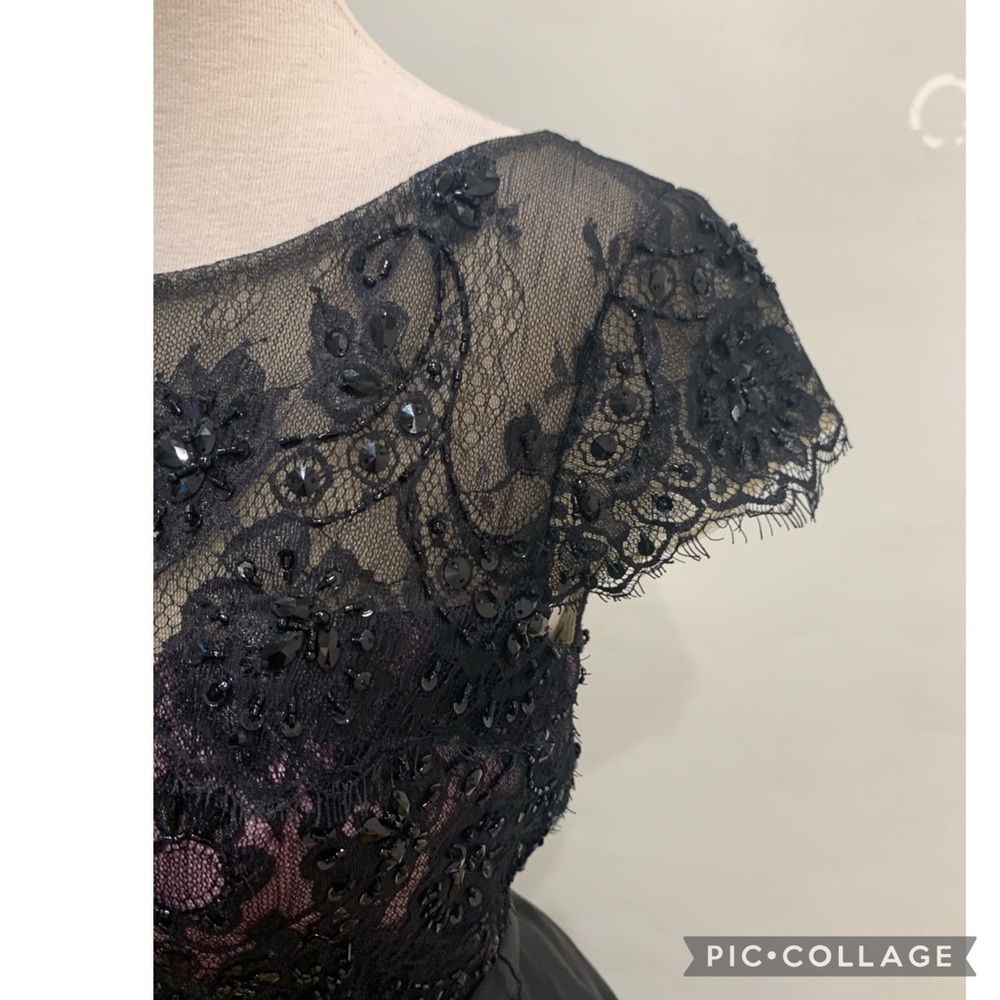 Mon Cheri fit flare midi cap sleeves pink black lace dress - Picture 8 of 9